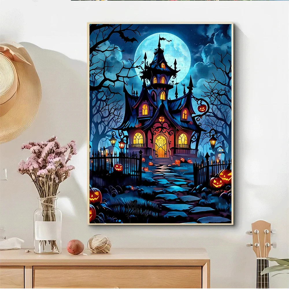 Puzzle na Halloween dla dorosłych - 1000 elementów, straszny dwór z dyniami, nietoperzami i sceną pełnego księżyca - wieczór gier rodzinnych