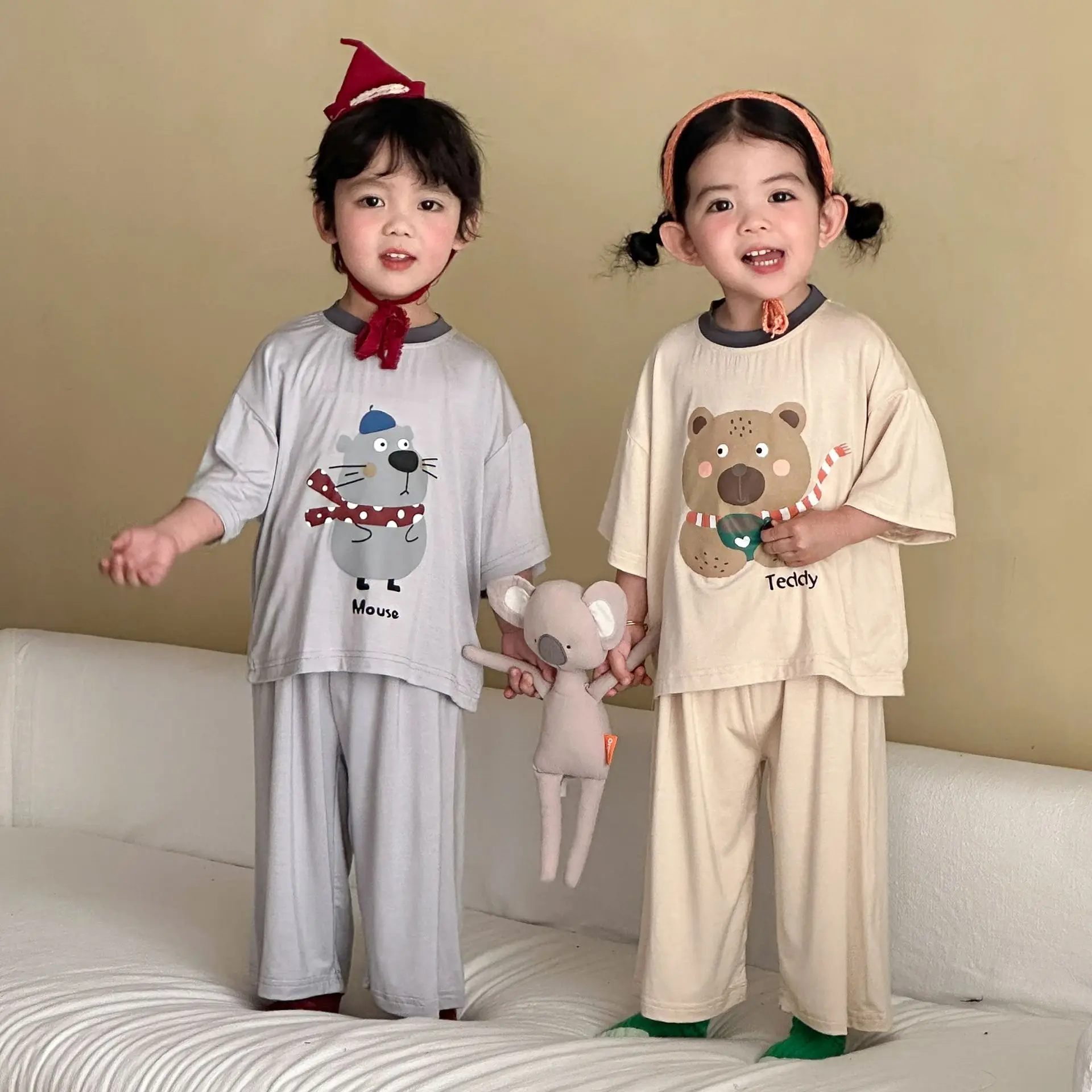 2026 Summer New Children Short Sleeve Home Clothes Set Boys Girls Cartoon Print Modal 2pcs Suit Kids Comfortable Pajamas Outfits