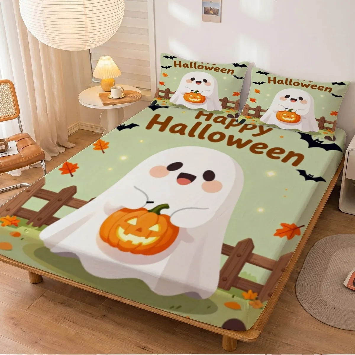 Cute Cartoon Halloween 2D Digital Print Three-Piece Bedding Set (Includes 1 Fitted Sheet + 2 Pillowcases), Featuring a Friendly Ghost Holding a Pumpkin Lantern, Bats, and the Phrase 