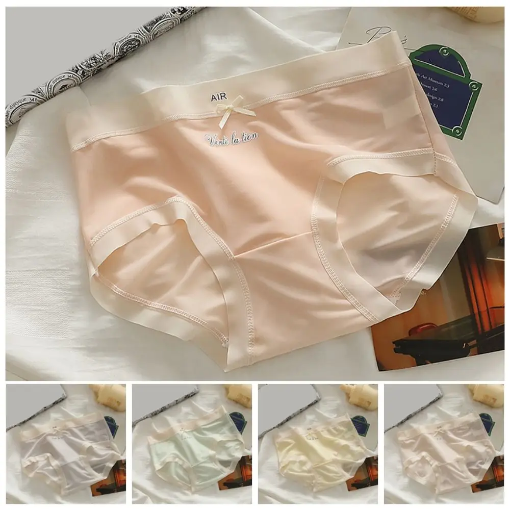 5 шт., трусики из ледяного шелка со средней талией, хлопковые бесшовные трусы с бантом и промежностью, женское нижнее белье, сетчатое нижнее белье, женские тонкие трусы