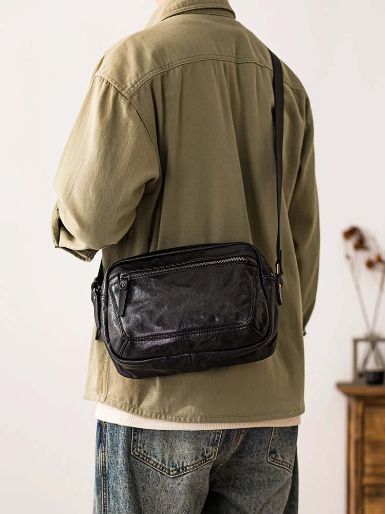 outdoor travel luxury handmade first layer cowhide men's black shoulder bag casual daily commuting genuine leather crossbody bag