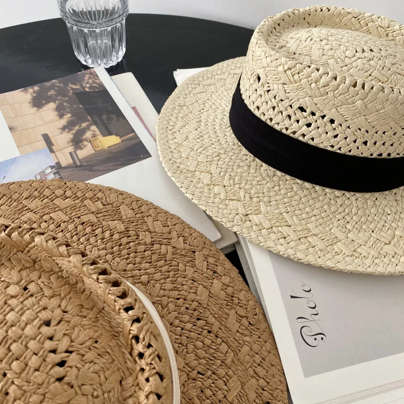 Retro Flat Top Hat Straw Hat Travel Seaside Vacation Travel Hat Beach Hat Hat Female Summer