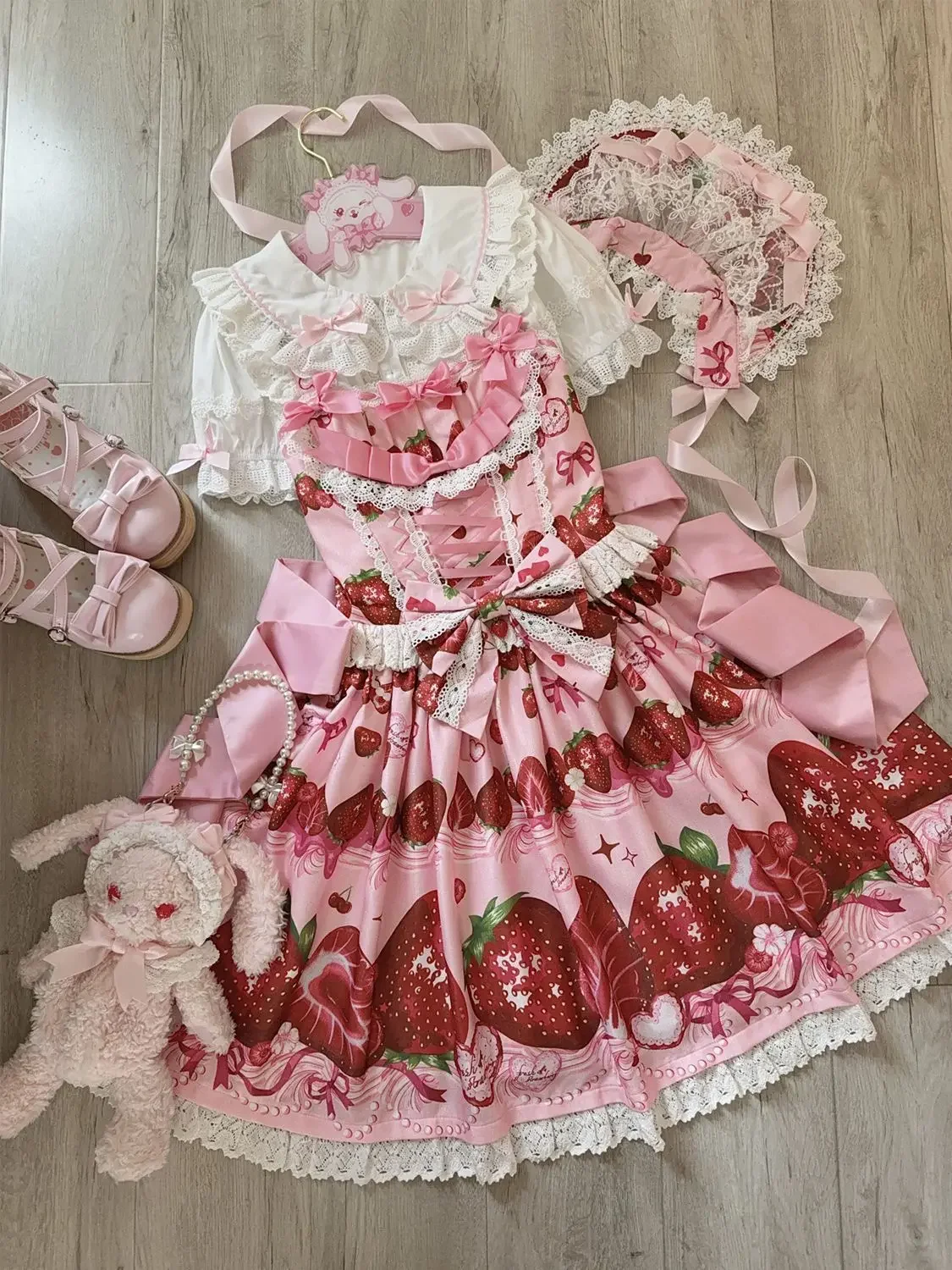 Soft Girl Lolita Birthday Party Suspender Dress Jsk Women's Sweet Cute Bow Strawberry Print Kawaii Dress Women Summer Dress