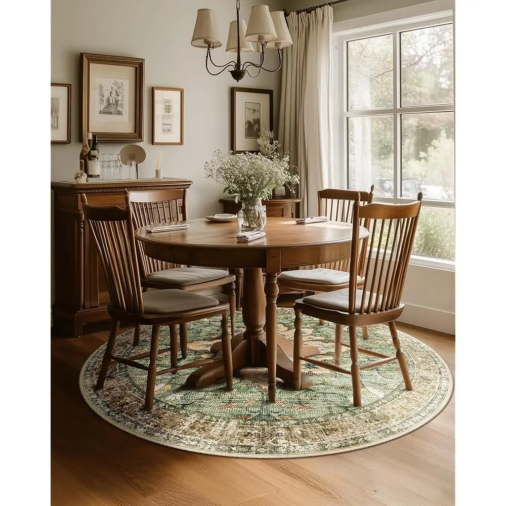 

Area Rugs 6Ft Washable Non-Slip, Floral Vintage Distr Print Pattern Medallion Carpet For Living Room Bedroom Dining Room, Bri