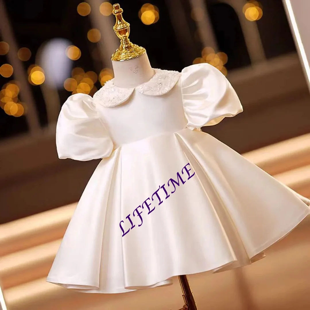 فستان أنيق لفتاة الزهور من الساتان المطرز برقبة دائرية مع فيونكة وأكمام قصيرة لحفلات الزفاف وحفلات التواصل الأول