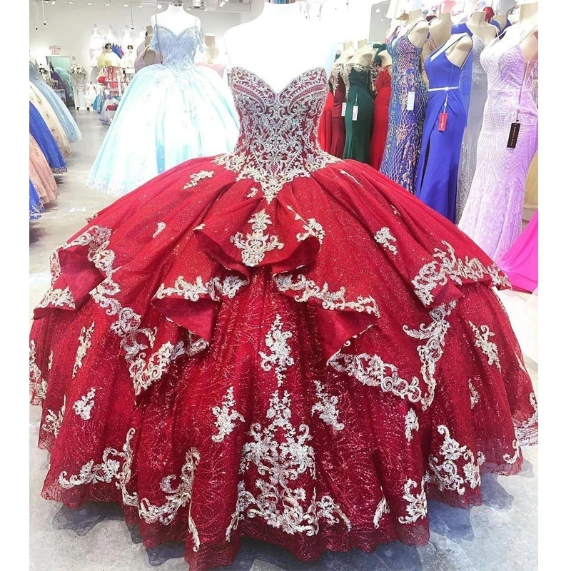 Angelsbridep Glitter Ball Gown Quinceanera Dresses 15 Years Old Appliques Tiered Lace Up Back Girls Birthday Princess Party HOT