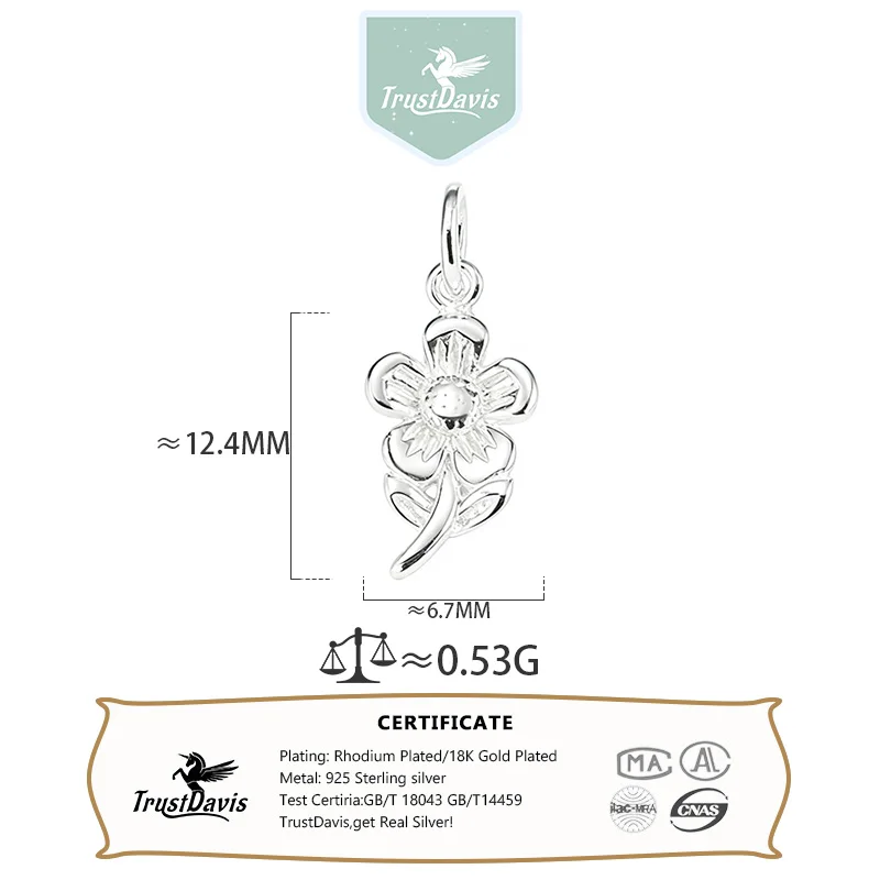 TrustDavis Real 925 Sterling Silver Pendant Handmade DIY Necklace  Flower Exquisite Accessories Fine S925 Jewelry Gift DZ1820