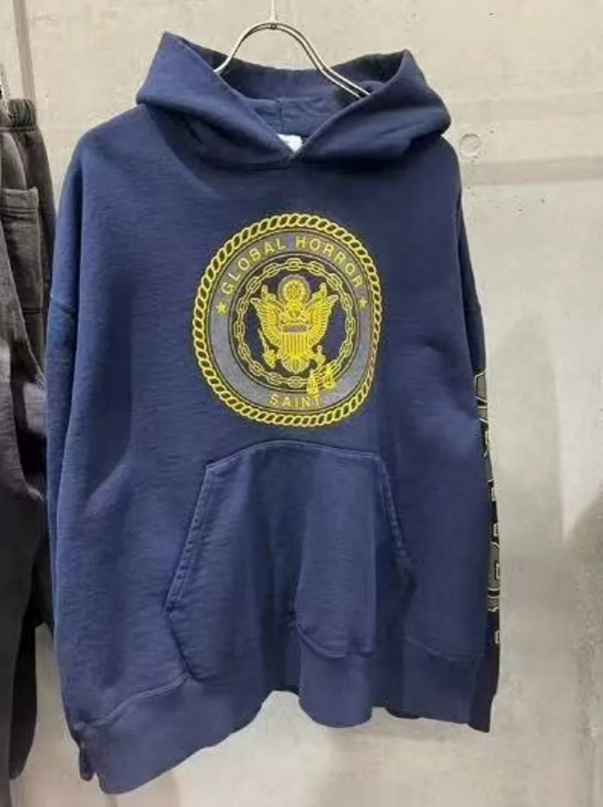 

Осень-зима 2025 г., потертый синий пуловер для мужчин и женщин, лучшее качество, хлопковая толстовка с капюшоном и длинными рукавами с принтом