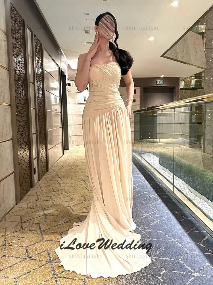 ShiningLight A ラインストラップレスイブニングドレスサウジアラビアシフォンロングウエディングドレスドバイパーティードレスローブドソワレカスタマイズ