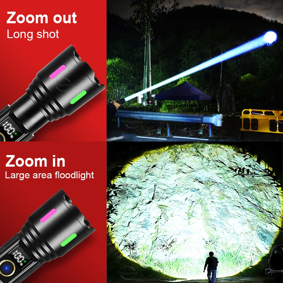 99000000LM Super Bright Flashlight Long Shot 4500M Zoomable Powerful Torch Type-C Rechargeable Tactical Lamp For Hiking Fishing