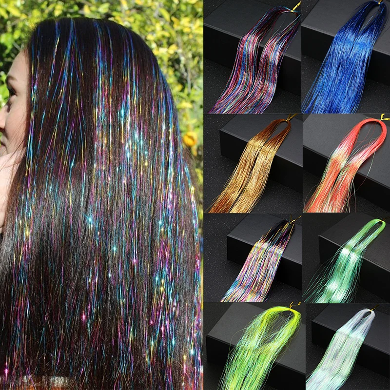 Sparkle Hair Tinsel Laser False Hair Extensions for Women Girls 36 Inch Rainbow Colored Strands Hair Shiny Threads Glitter Hair