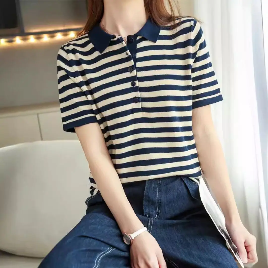 WinvyNee Summer Women 100% Cotton Striped Polo T Shirt Women Clother Tops Short Sleeve  Sweater Casual Basic Pullover A1002004