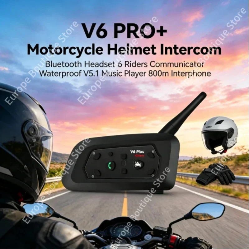 2026 NEUES V6 PRO+ Bluetooth 5.1 Motorradhelm-Intercom-System für 6 Fahrer, Wasserdicht, 800m Reichweite, Musikplayer, Kabelloses Headset