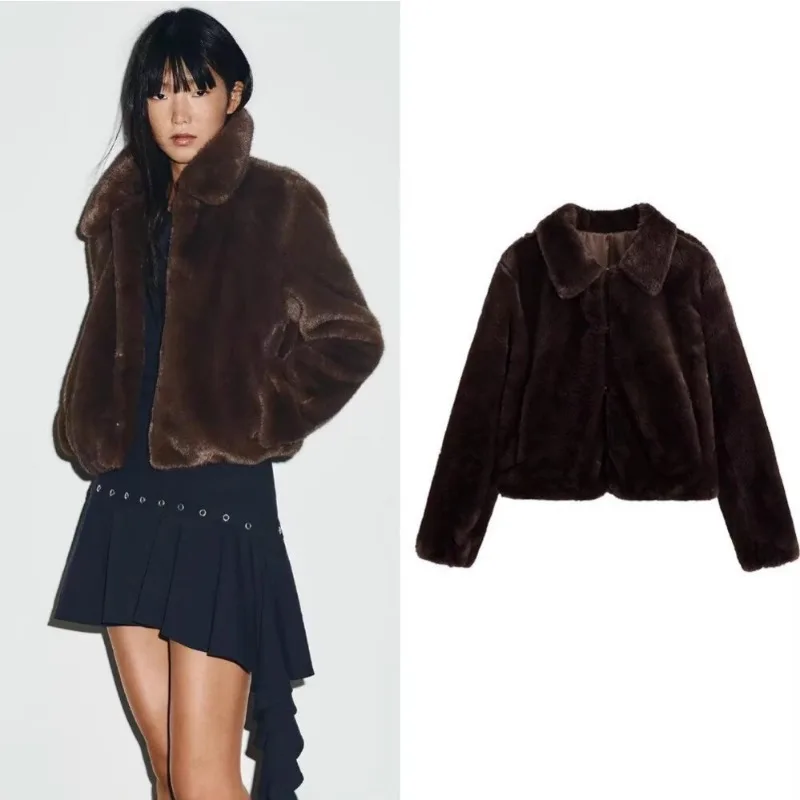 Shpmishal American Fashion Winter New Coat Women's Fashion Brown Tone Imitation Fur Jacket Female Clothing