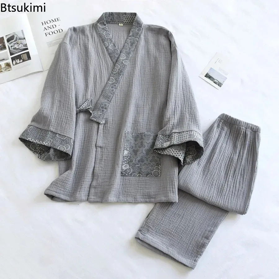 بدلات كيمونو رجالية لعام 2025 ملابس نوم مريحة برباط علوي وبنطلون أطقم بيجامات تصميم كريب قطني ملابس نوم على الطراز العرقي للرجال #1