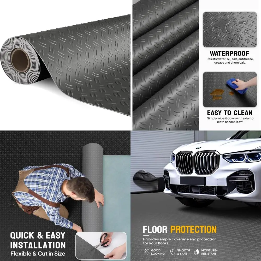 Thick Diamond Plate PVC Garage Floor Mat - 7.5 x 17 FT Roll for Under Car and Parking Area
