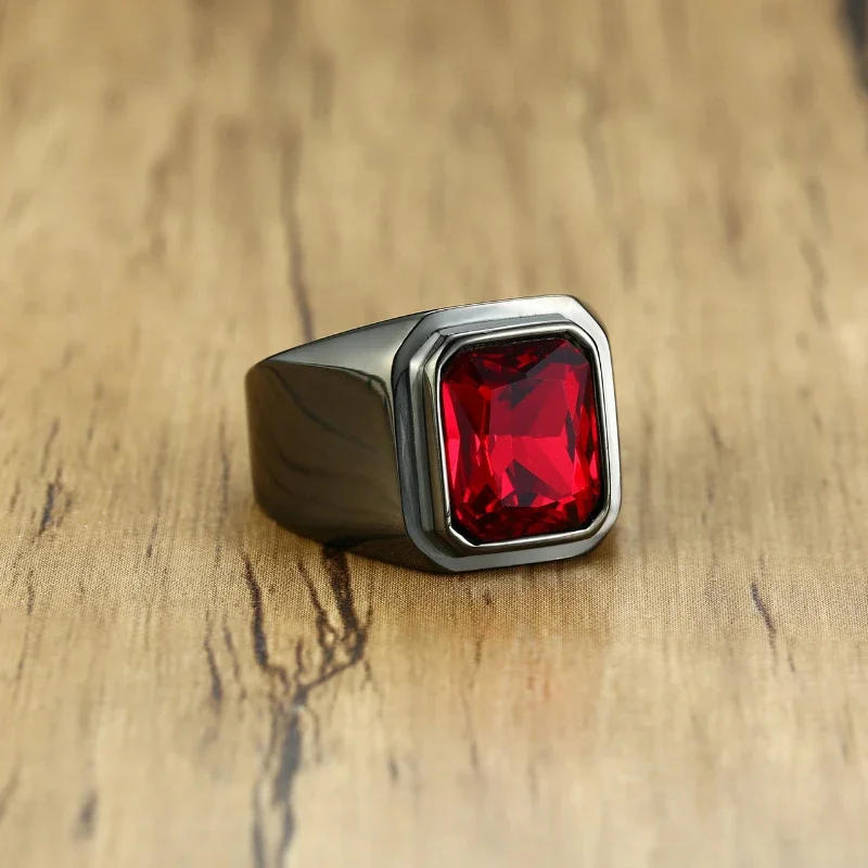 Black/Gold Plated Stainless Steel Men\'s Ring Square Red Zircon Stone Classic Signet Rings