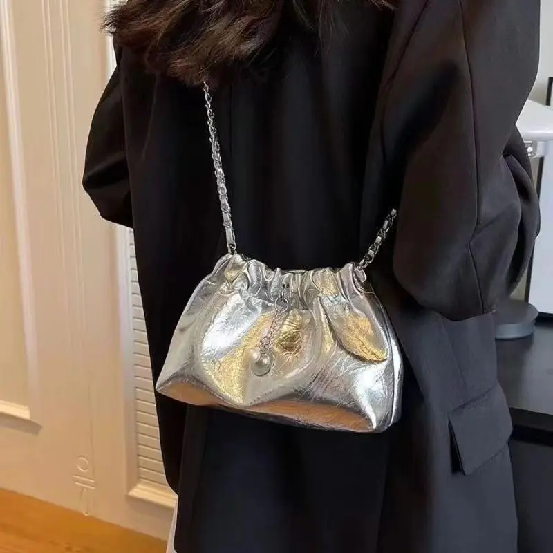 Silver Folded Chain Buet Bag Women's Crossbody oulder Bag Summer New Sle Casual Soft Handle Polyester  Magnetic B... image 2