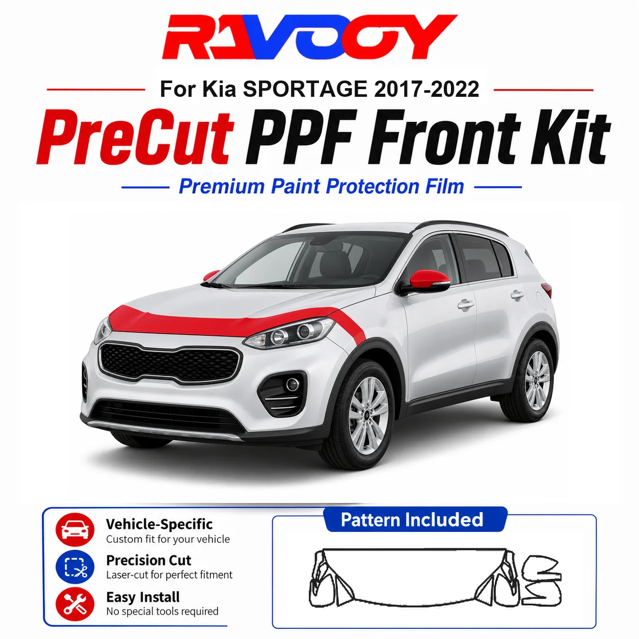 Kit de Película Protetora (PPF) de TPU Pré-Cortada de 8.5mil para Kia SPORTAGE 2017-2022 - Conjunto para Capô, Para-lamas e Espelhos - Película Transparente Autorregenerativa