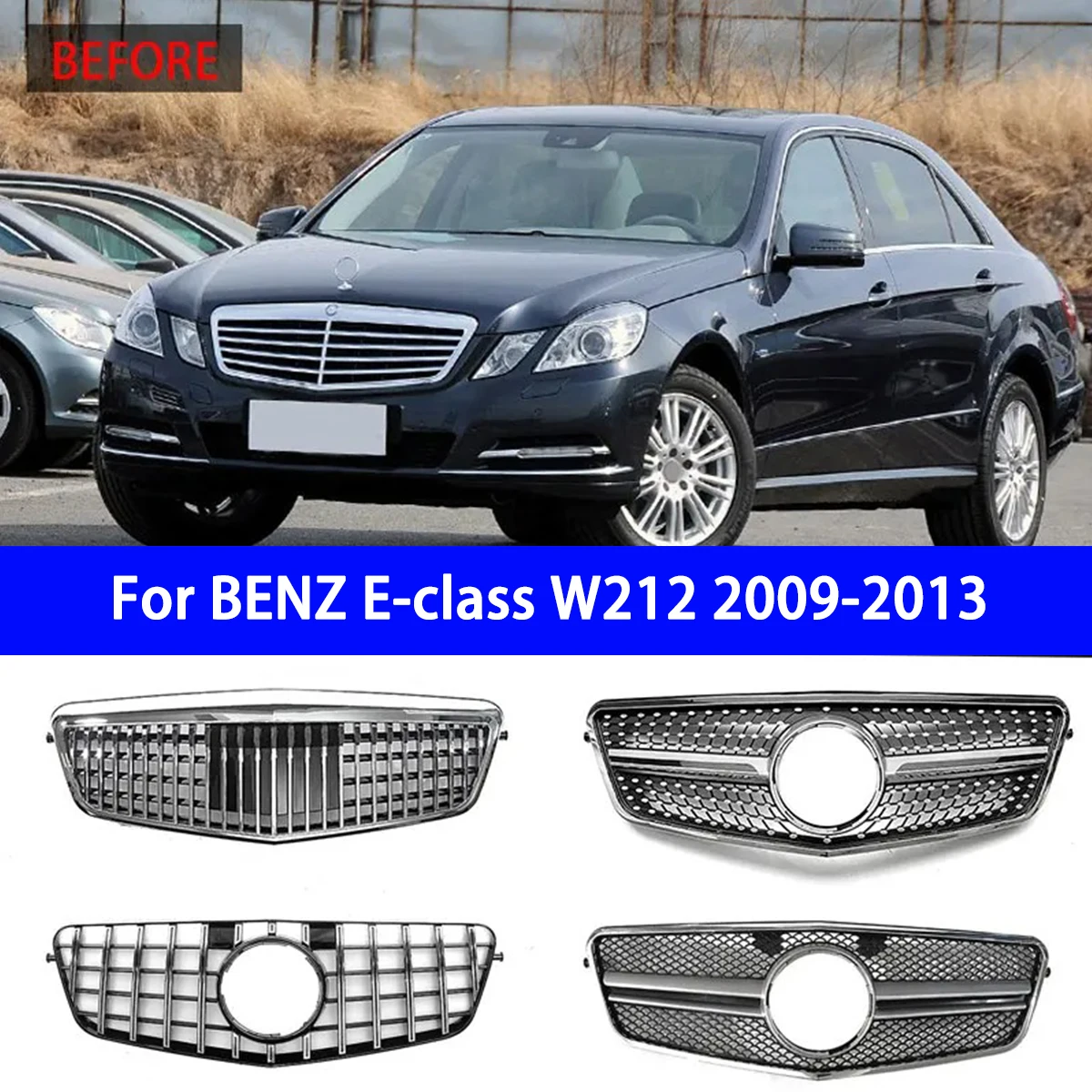 For BENZ E-Class E260 E280 E300 E63 AMG W212 2009-2013 ABS Replace The Original Grille Front Bumper Grille Air Outlet  4 Styles