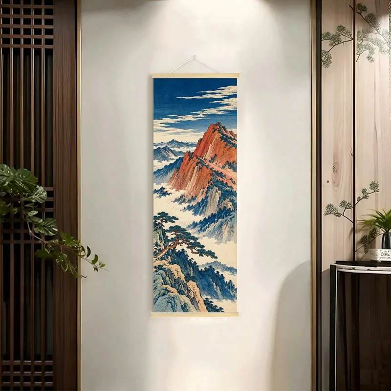 Japanese Ukiyo-e Hanging Scroll with Rugged Mountain Peaks, Clouds and Pine Trees in Blue Landscape Colors for a Living Room