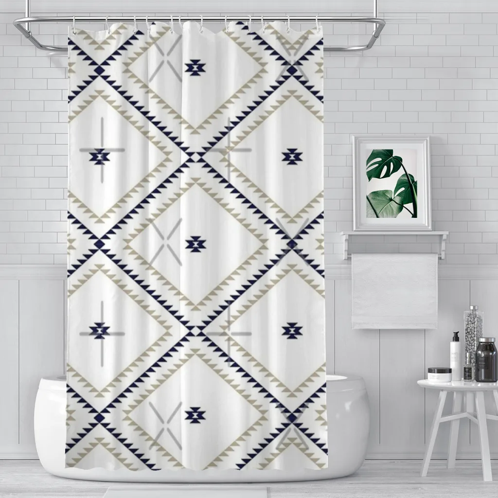 

Modern 3D Printing Southwestern Geometric - White Navy Beige Shower Curtain Landscape Bath Curtain With Hooks