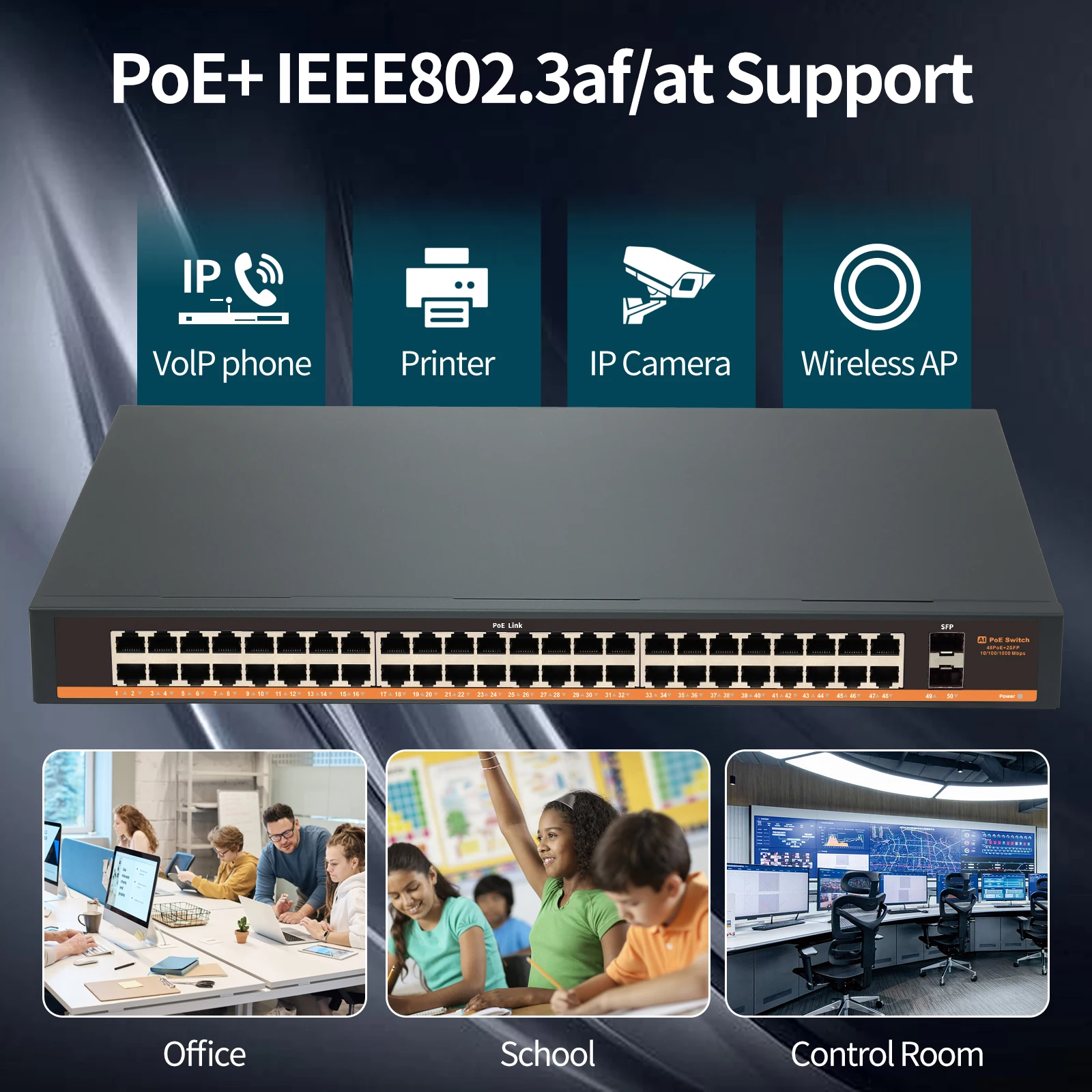 Gadinan-Switch Gigabit PoE, Alimentação de rede descontrolada por Ethernet, Desktop Rackmount, IEEE802.3af, em PoE, 800W, 2x1G SFP, 48 portas