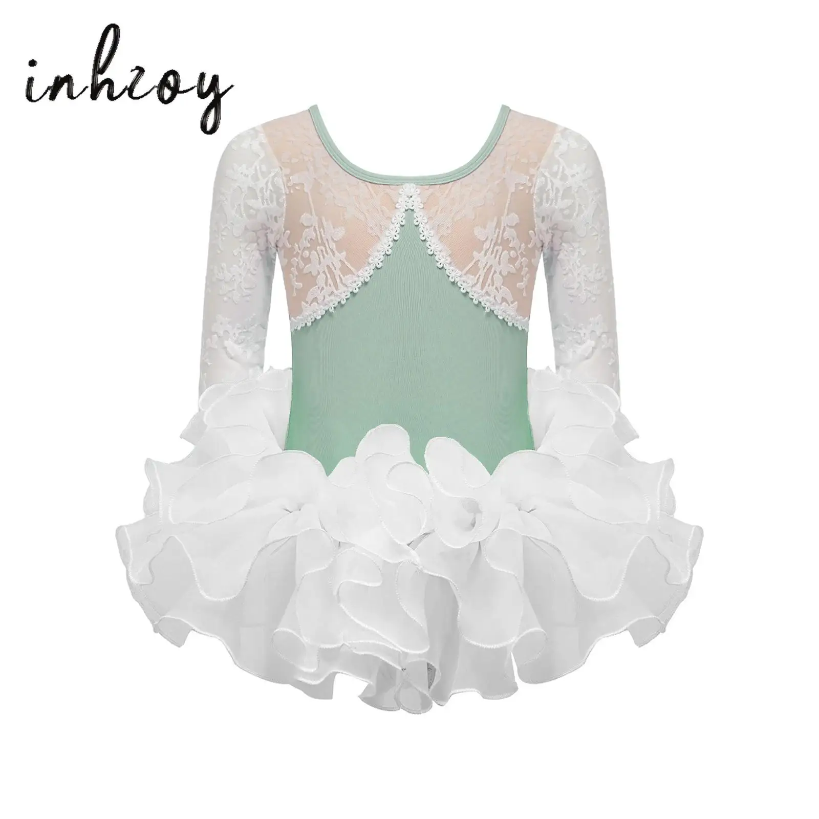 

Kids Girls Ballet Gymnastic Leotard Dress Lace Mesh Jacquard Long Sleeve Dance Bodysuit+Tutu Skirts Ballerina Fairy Party Dress