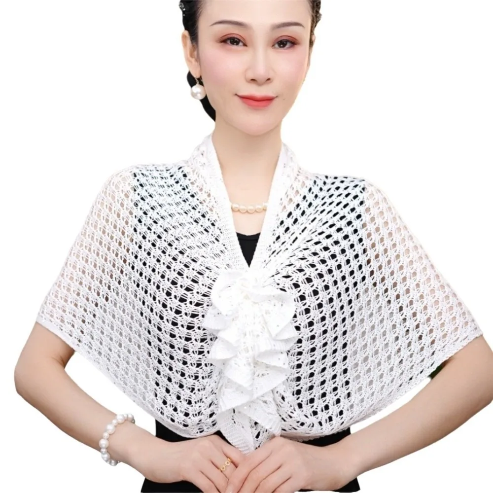 Sparkly Design Hollow Out Cardigan Front Buckle Design Short Sleeve Ice Silk Wrap Floral Pattern Cotton Material Triangle Shawl