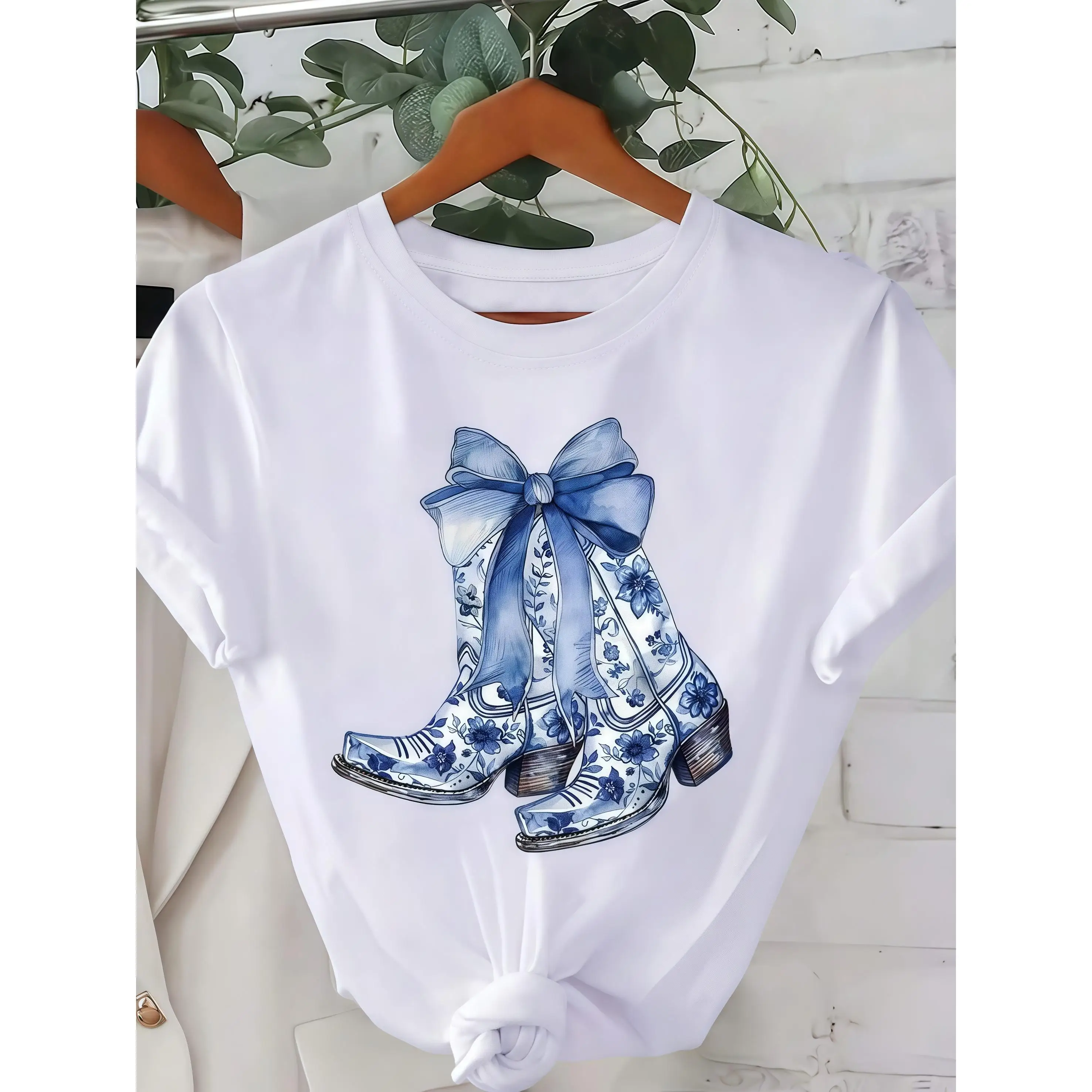 

Retro Cowboy Boots T-shirt, Blue and White Porcelain Print, Women's Country Fashion Tee, Cute Gift for Her, Unique Casual Tops