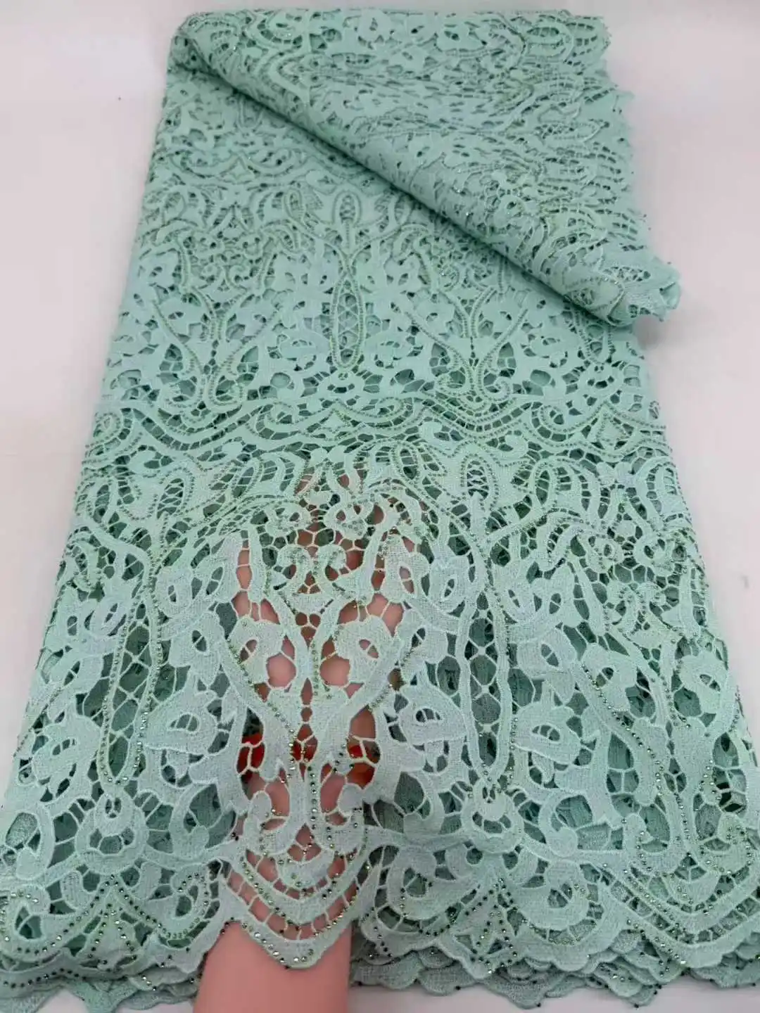 

African Guipure Embroidered Lace Rope Stone Lace Fabric 2026 Nigerian Water Soluble Lace Fabric Dinner Dress Party