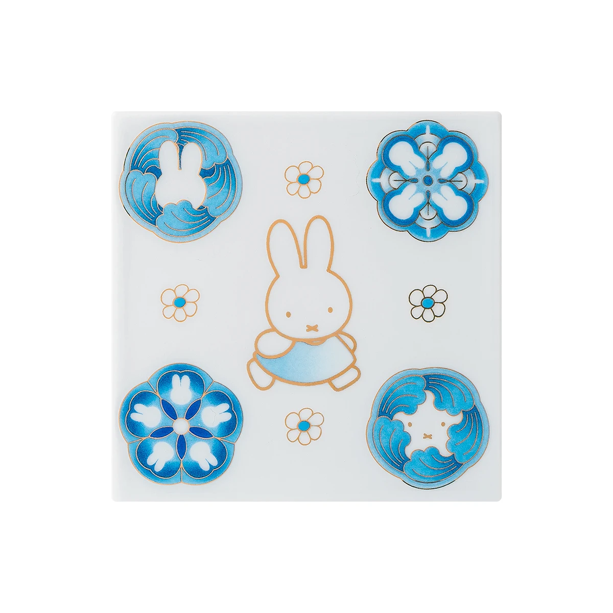 Miffy porseleinen kunsttegel, schattige bloemenmedaillon met vrienden, Jingdezhen keramische onderzetter 10 cm, blauwe golfbloemdecoratie, cadeau voor thuis