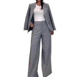 Tesco-Conjunto de chaqueta y pantalones informales para mujer, traje gris holgado, pantalones de pierna ancha para trabajo de oficina, trajes de 2 piezas