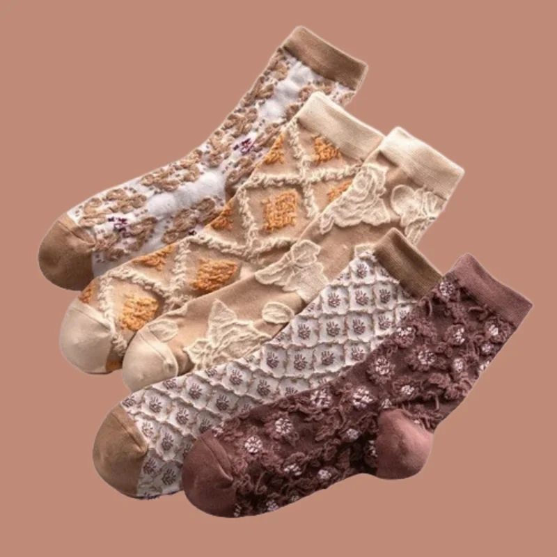 

3/6 Pairs Embossed Three-dimensional Pattern Casual Socks 2024 Women's Socks Embroidered Trendy Socks Retro Middle Tube Socks