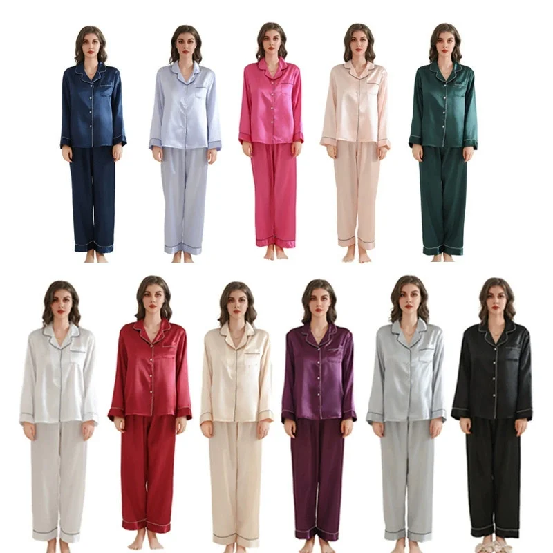 Summer New Women's Sleepwear Pajamas Set Sexy Solid Trouser Suits Pyjama Pour Femme Loose Satin Homewear Loungewear