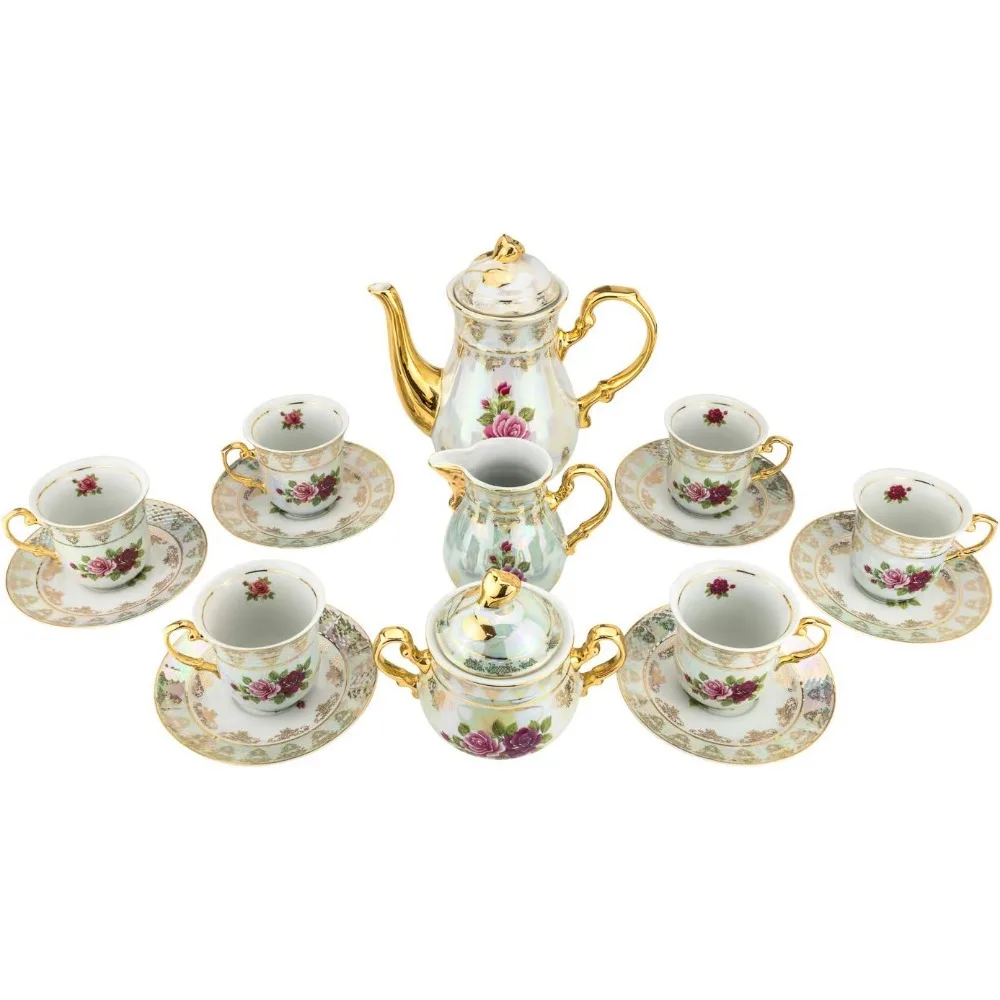 

Royalty Porcelain 17pc Floral Tea Set for 6, 24K Gold-Plated Cobalt Tableware White Pink