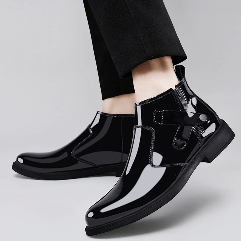 

Новые классические брендовые мужские блестящие кожаные туфли, официальная обувь с острым носком, офисные деловые короткие ботинки, мужские ботинки челси, зимние хлопковые ботинки
