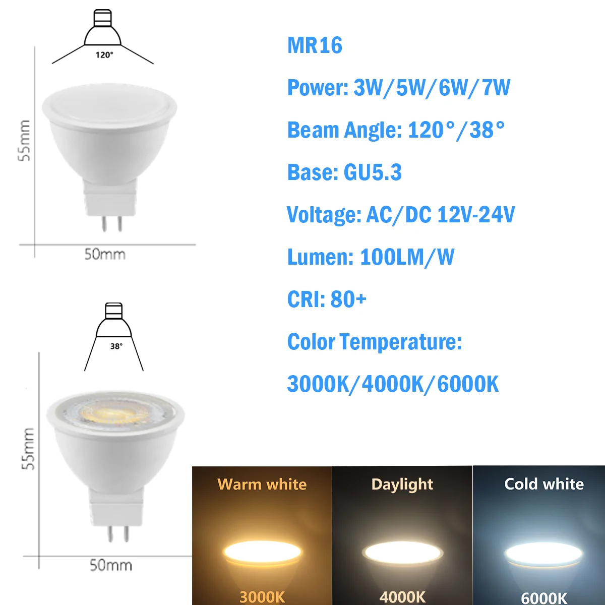 5/10/15/20PCS MR16 LED Spotlight GU5.3 Low Voltage AC/DC12-24V 3/5/6/7W 120/38Degree No Flicker High Lumen for Interiors