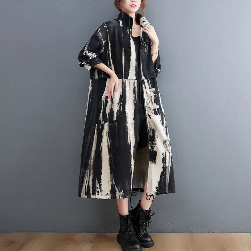 

#3707 Tie Dye Printed Trench Coat Women Loose Stand Collar Windbreaker Coat Ladies Pockets Vintage Long Trenchcoat Female Zipper