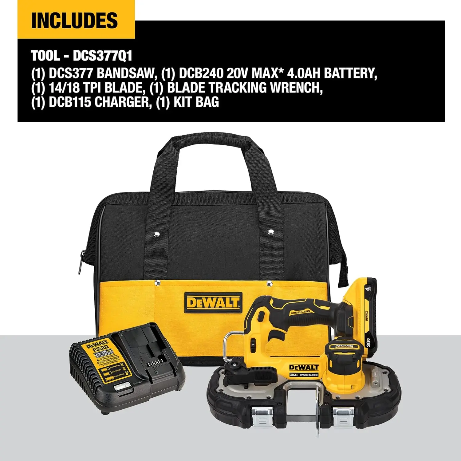 DEWALT ATOMIC 20V MAX* Sem Escova Sem Fio 1-3/4 pol. Kit de serra de fita compacta (DCS377Q1)