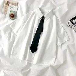 EBAIHUI White Shirts Women with Tie Japanese Style Preppy Students BF Simple Solid Loose Summer Top Daily Streetwear