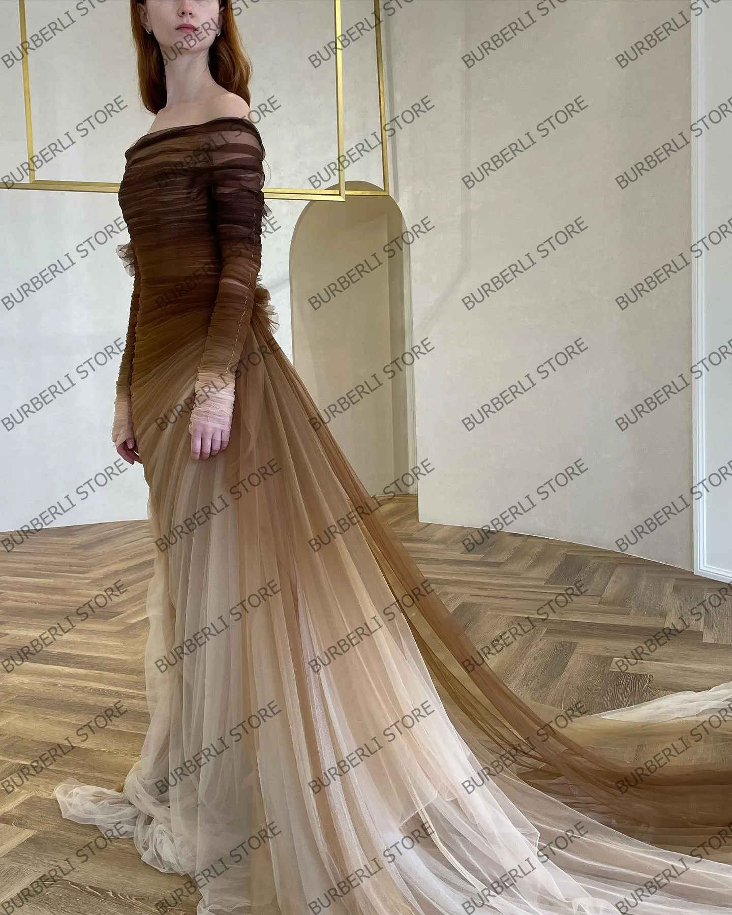 Chic Boat Neck Mesh Long Women Dress Sexy High Slit Mix Colors Tulle Party Dresses ToPhotography Fashion Draped Tulle Prom Gown