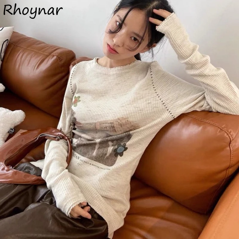 Long Sleeve T-shirts Women Spring Girls Inner Wear Printed Deisgned Cool Korean Fashion All-match Leisure Slim Cozy Trendy Chic