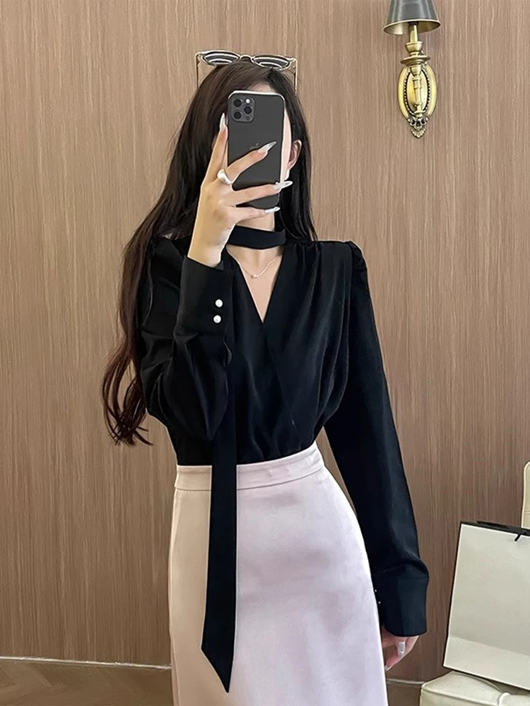 

Elegant Women's Chiffon Shirt Long Sleeve V-Neck Tie-Neck Spring Autumn Korean Style Straight Cut Button Detail Fashionable Top