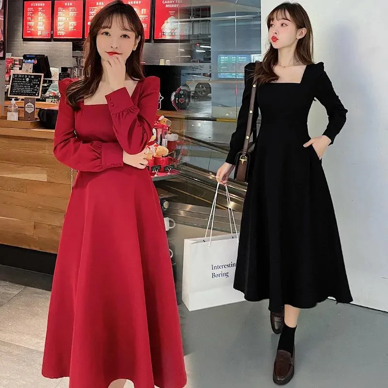 Fat sister Hepburn style square collar long skirt large size women's dress autumn and winter new slim long sleeve super Fairy