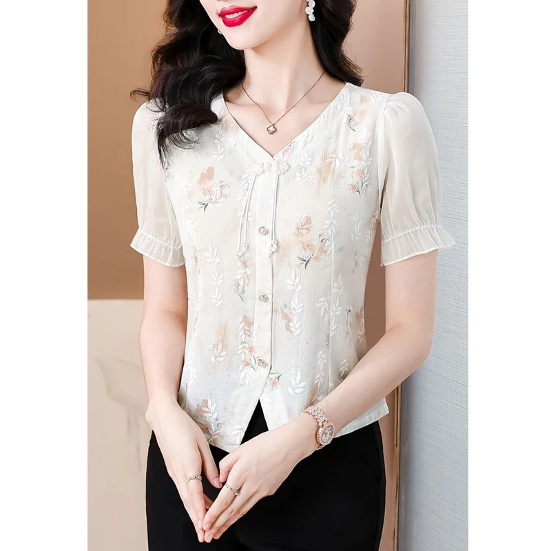 Women\'s Vintage Elegant Chinese Style Button Up Shirt Summer V Neck Short Sleeve Sweet Shirt Casual Commute Embroidery Slim Tops