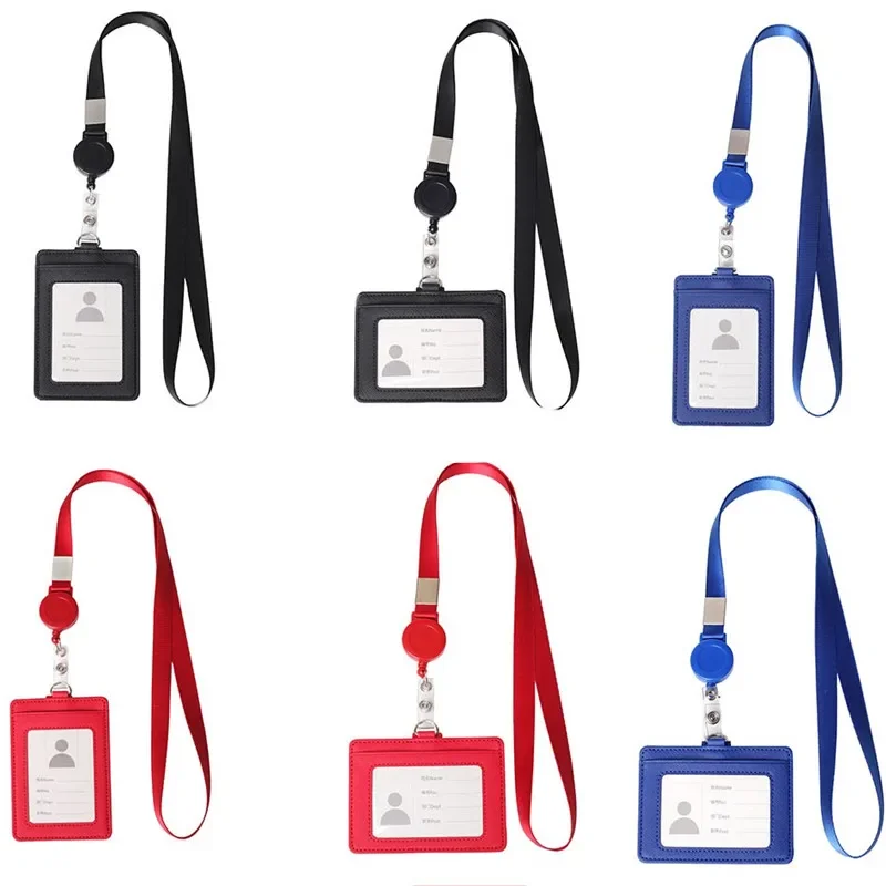 Multifunctional Card Badge Holder With Lanyard Carabiner Style PU Leather ID Lanyard Name Tag Key Chain Card Bag Office Supplies