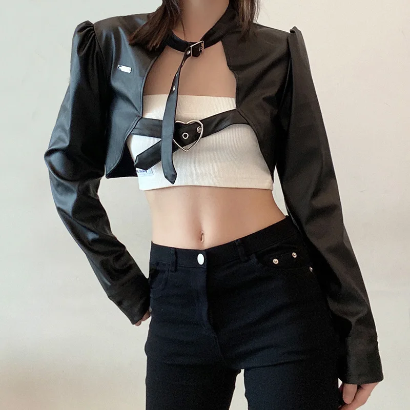 Streetwear Punk Style Buckles Black PU Leather Jacket Women Spring Autumn Smock Cropped Coat Cardigan Fashion Outfits