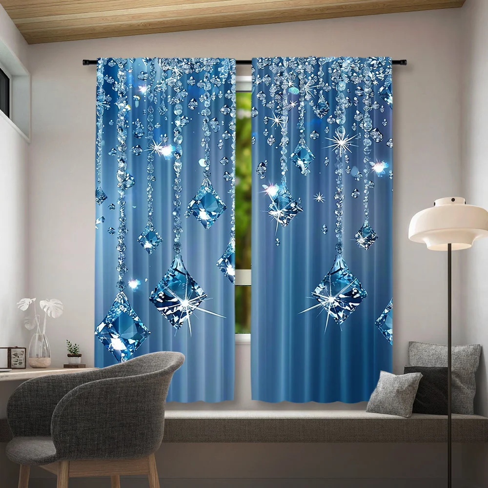 2pcs Elegant Blue Sheer Curtains with Sparkling Gemstone Design - Rod Pocket, Polyester, Semi-Transparent - Ideal for Living Roo