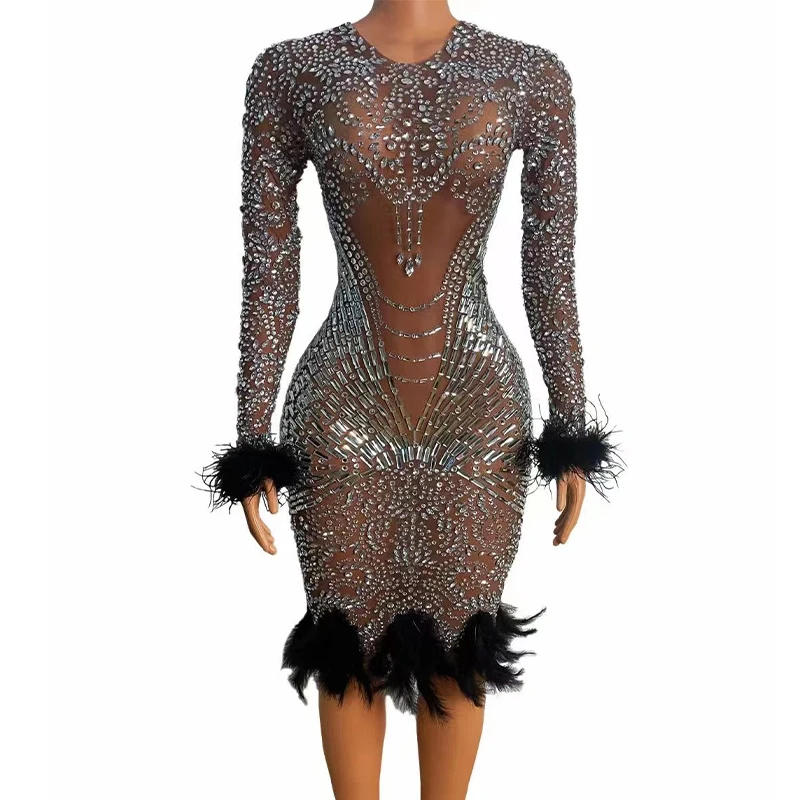 

Women Sexy Silver Crystals Black Feather Evening Birthday Wedding Celebrate Dress Stretch Outfit Collection Dancer Club Dress